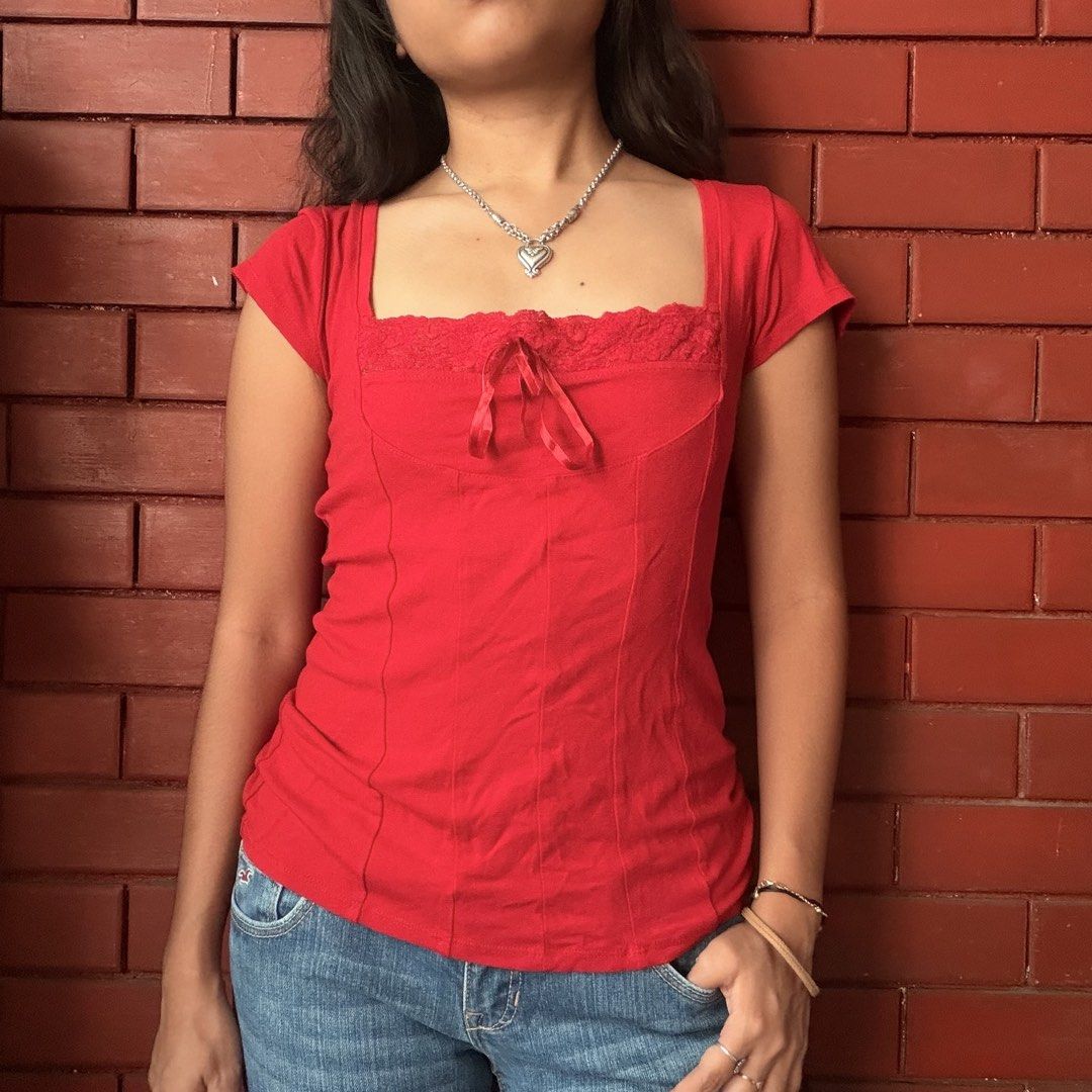 Coquette Ribbon Square Neckline Whimsical Top (Category: Sleeveless) located in Quezon City. Submitted by coleyspirit (Listing ID 1428018570, Image 2). Description: puhretty red ribbon top! ❤️🥀 ⭐️originally bought fr ig ⭐️ww photos are clipped on me ⭐️ medium on tag but can fit size small girlies 📝model is size xs 🔖coquette, lace, ribbon, detailed, y2k, vintage, 90s, whimsical.