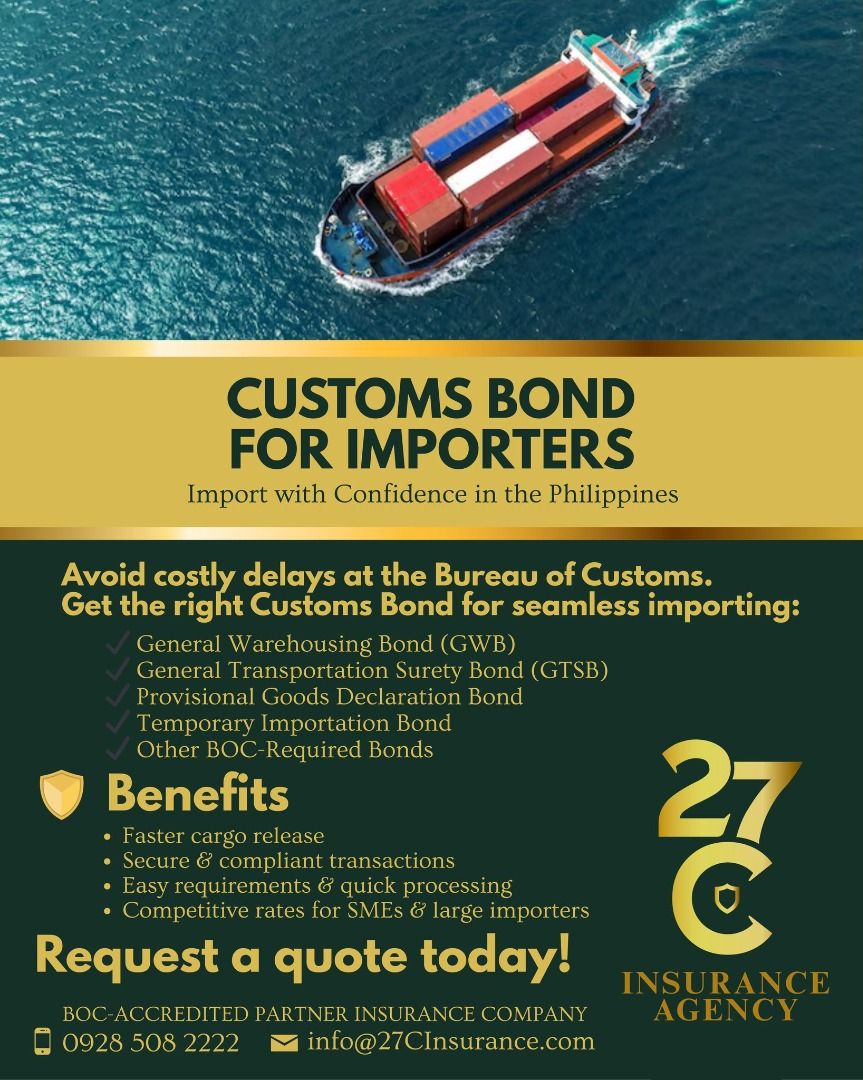 Customs Bond for Importers (Category: Admin, Finance, Legal) located in Quezon City. Submitted by 27crealty-2 (Listing ID 1427983501, Image 1). Description: Need a Customs Bond in the Philippines? Import faster & hassle-free! Whether you're an SME or a large importer, we provide BOC-required Customs Bonds to keep your shipments moving fast, compliant, and affordable. Available Customs Bonds: ✔ General Warehousing Bond (GWB) ✔ General Transportati
