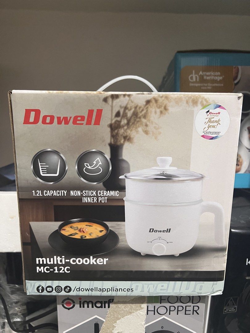 Dowell Multi-Cooker MC-12C (Category: Cookers) located in Quezon City. Submitted by marirodrigo (Listing ID 1428043854, Image 1). Description: Dowell multi-cooker MC-12C has a 1.2L volume capacity with a non-stick ceramic inner pot. It features 2 adjustable power settings, a plastic steamer, and a glass lid. It also includes boil dry protection, a detachable power cord, and a light indicator. Exclusively distributed by Collins..