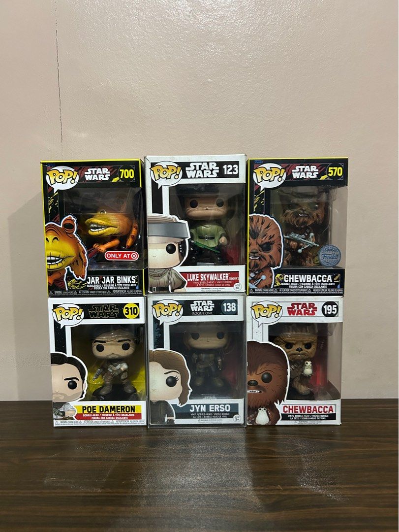 Funko Pop! Vinyl Figures - Star Wars Lot (Category: Designer & Blind Box Toys) located in Quezon City. Submitted by captainpicard (Listing ID 1427955019, Image 1). Description: Funko Pop! Vinyl Figures - Star Wars Lot Jar Jar Binks (Target Exclusive) #700 - P1,300 Poe Dameron w/ X-Wing (Smuggler’s Bounty Exclusive #227 - P1,000 (with relative box/shelf wear overtime) Chewbacca (Special Edition/Funko Shop) # 500 - P900 Chewbacca w/ Porg (OOB) #195