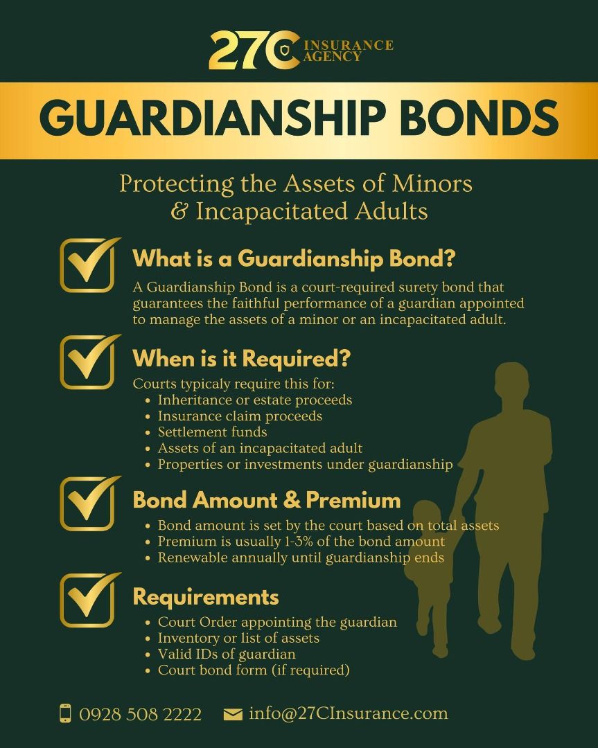 Guardianship Bonds (Category: Admin, Finance, Legal) located in Quezon City. Submitted by 27crealty-2 (Listing ID 1427983669, Image 1). Description: 🫶When the court entrusts you with someone else’s future, trust must be protected. A Guardianship Bond ensures that the assets of minors and incapacitated adults are managed responsibly, transparently, and in full compliance with court requirements. It’s not just a legal formality — it’s a safeguard 