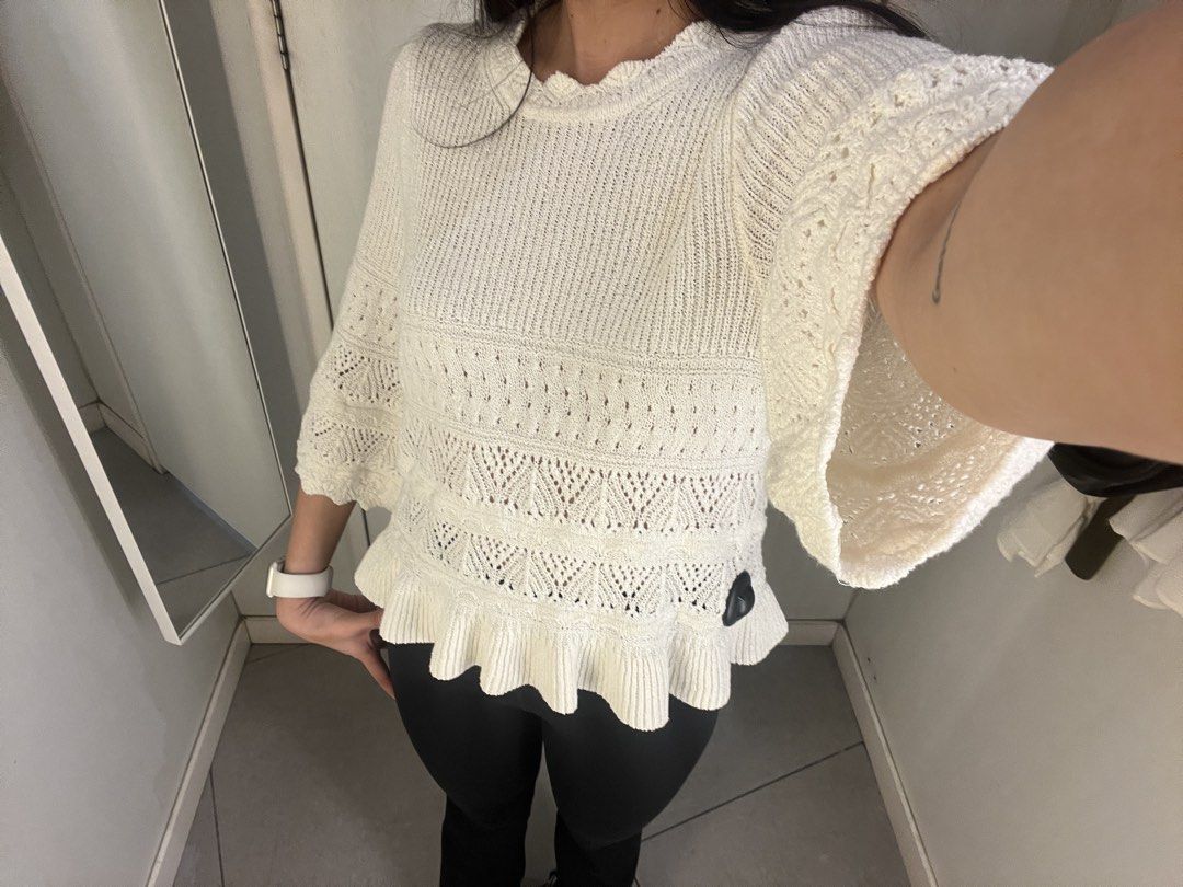 H&M White Knit Sweater with Ruffle Hem (Category: Longsleeves) located in Makati City. Submitted by cloudv.shop (Listing ID 1428009977, Image 2). Description: • H&M • Used Once • Like new • Selling low. Orig price was ₱1790.