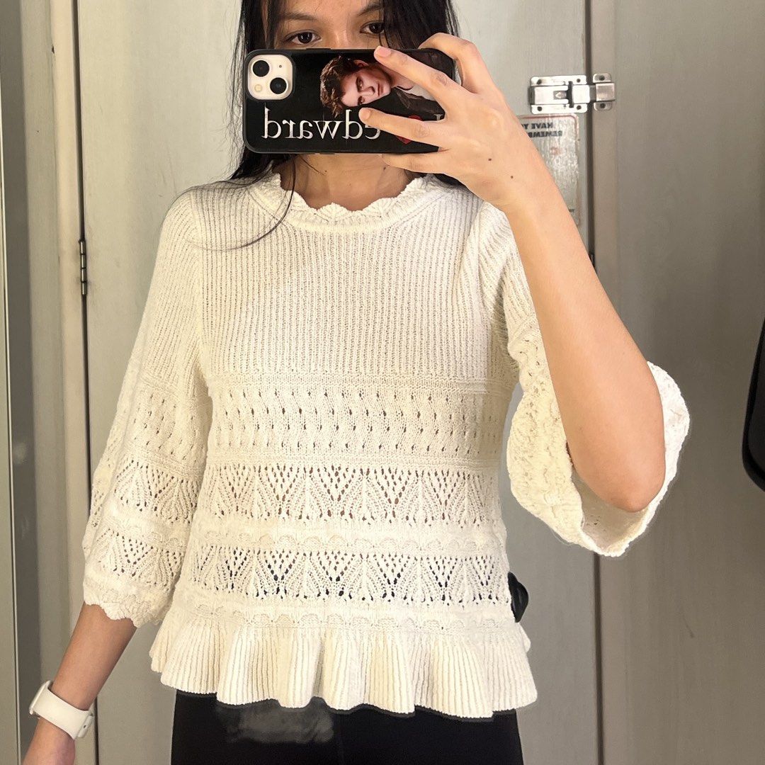 H&M White Knit Sweater with Ruffle Hem (Category: Longsleeves) located in Makati City. Submitted by cloudv.shop (Listing ID 1428009977, Image 1). Description: • H&M • Used Once • Like new • Selling low. Orig price was ₱1790.