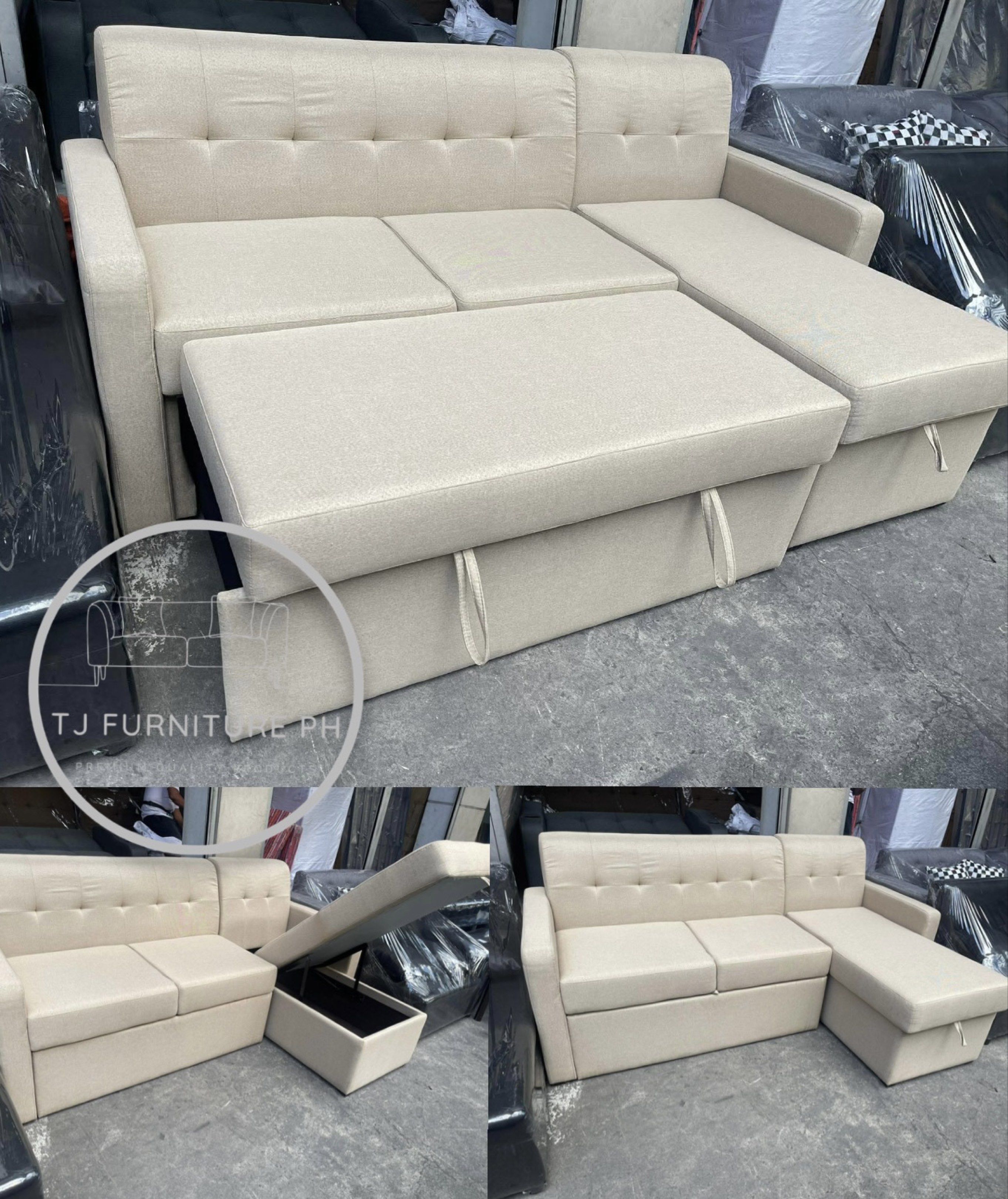 L-Type Sofa Bed with Storage (Category: Sofas) located in Quezon City. Submitted by tjfurnitureph (Listing ID 1427993824, Image 1). Description: Model: Sienna Dimension: Sofa- L 85" x W 58" x H 34" inc Bed- L 48" x W 75" x H 15" inc Veltvetee beige 4 inches Uratex Foam Locally made BRANDNEW‼️ 📍Sta. Cruz, Manila Near Abad Santos Station. Onhand & Brandnew Additional delivery charge‼️ Depending on the location We Accept Cash on Delivery Or thru BP