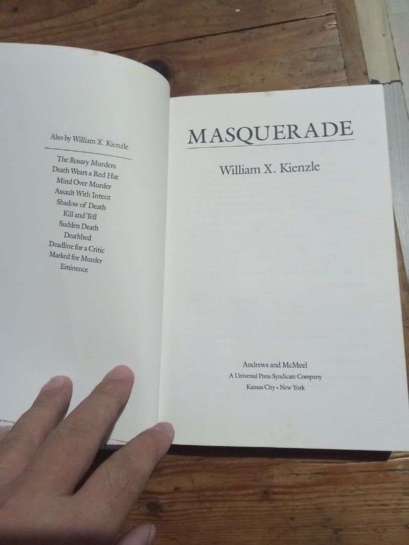 Masquerade by William Kienzle (Category: Storybooks) located in Pasig City. Submitted by teebeedeee (Listing ID 1428093611, Image 2). Description: - "Masquerade" by William Kienzle - Vintage mystery novel - Features intriguing cover art - Ideal for collectors and readers of thrillers preowned authentic hardcover book complete pages plastic covered.1990 book .pages have yellowed due to storage and no visible penmarks.with visible yellow stain sa l