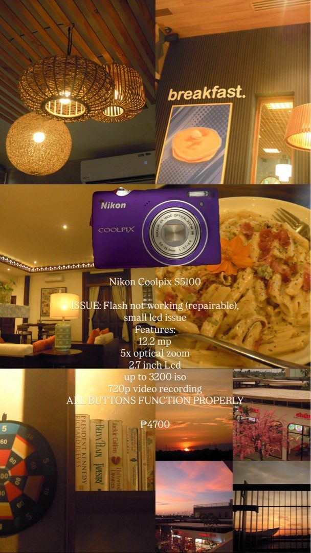 Nikon Coolpix S5100 (Category: Cameras) located in Manila. Submitted by littlebowtique (Listing ID 1428005466, Image 1). Description: FOR SALE OR FOR SWAP: NIKON COOLPIX S5100 💜🧞 ISSUE: Flash not working (repairable), small lcd issue Features: 12.2 mp 5x optical zoom 2.7 inch Lcd up to 3200 iso 720p video recording ALL BUTTONS FUNCTION PROPERLY see pics for sample shoots! dm me for more samples can lower if sure buyer.
