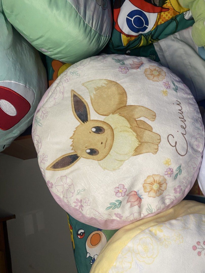Pokemon Eevee Evolution Round Pillows (Category: Plushies & Soft Toys) located in Manila. Submitted by jongamba0773283 (Listing ID 1428094902, Image 2). Description: Selling Eeveelution Pillows set of 8 with free eevee pillow 3000.