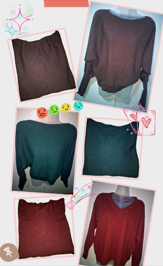 Brandnew Sweater Bundle (Category: Longsleeves) located in Manila. Submitted by PIT2007 (Listing ID 1427996377, Image 1). Description: ✨ Preloved Sweater Bundle – Plum, Teal & Choco ✨ Price: ₱800 (set of 3) 🧥 Three cozy sweaters in assorted colors: Plum – rich and elegant Teal – fresh and vibrant Choco – warm and versatile 👕 Perfect for layering or casual wear.