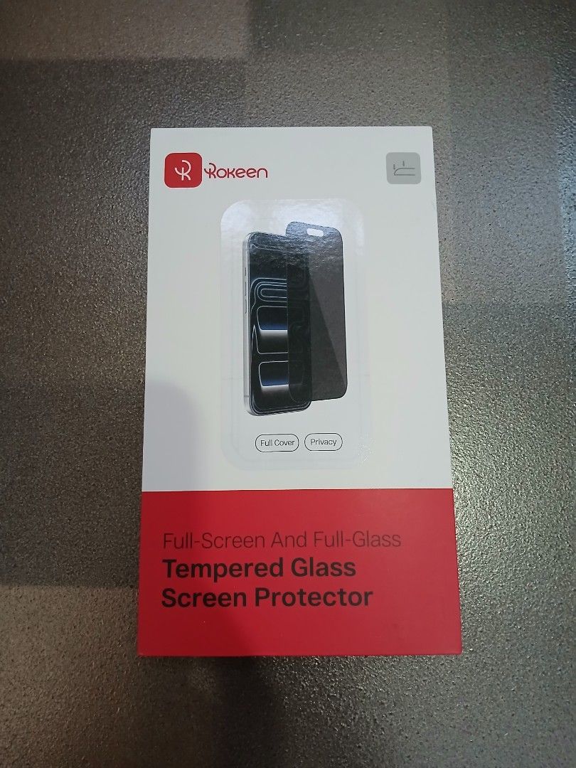 Rokeen Tempered Glass Screen Protector (Category: Other Mobile & Gadget Accessories) located in Quezon City. Submitted by ninetieskid4ever (Listing ID 1428096515, Image 1). Description: Full-screen and full-glass tempered glass screen protector by Rokeen. It is designed to protect your phone screen. The box indicates it has privacy features. The product is new and sealed in its original packaging..