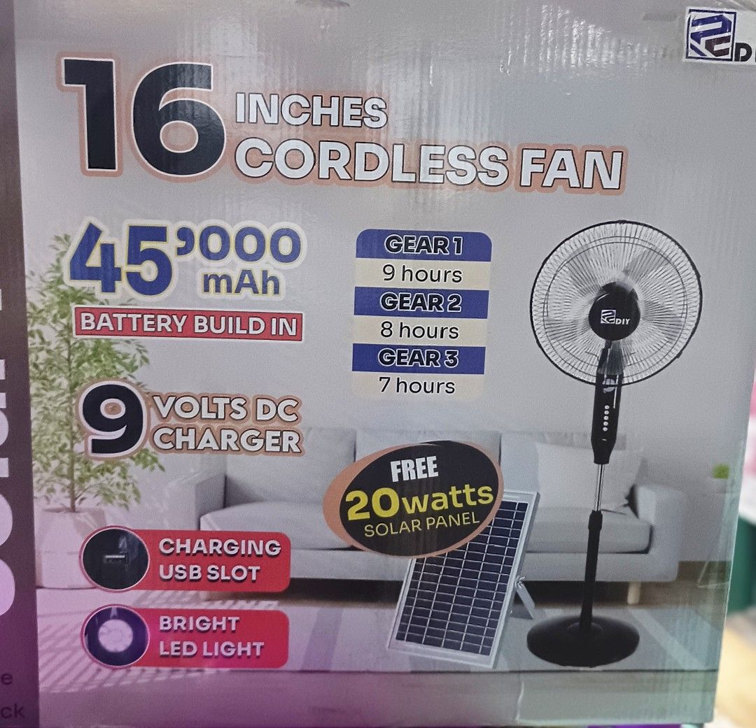 Solar and Rechargeable Fan (Category: Other Home Appliances) located in Bulacan. Submitted by ellasalvador (Listing ID 1428065827, Image 1). Description: ‎🔥 16” Cordless Rechargeable Solar Fan 🔥 ‎✔ 16-inch powerful stand fan ‎✔ Built-in 45,000mAh battery (long-lasting) ‎✔ Up to: ‎Low: 9 hours ‎Medium: 8 hours ‎High: 7 hours ‎✔ Solar panel included (20W) – perfect for brownouts ‎✔ 9V DC charging option ‎✔ USB charging port (can charge phones) ‎✔