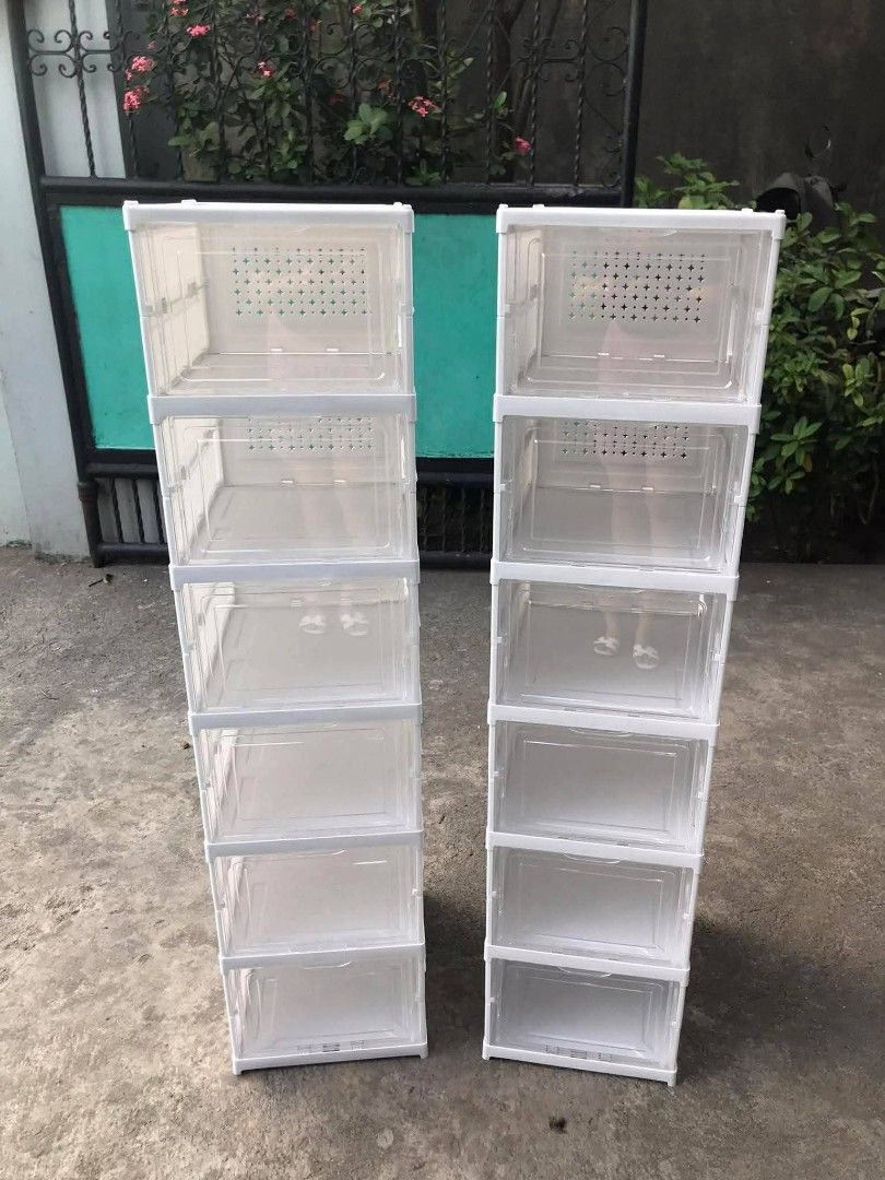 Stackable Shoe Organizer 6 layer (Category: Storage Boxes & Baskets) located in Manila. Submitted by yzlshop (Listing ID 1427956800, Image 2). Description: These stackable shoe organizers are perfect for keeping your shoes neat and tidy. They feature a clear front door for easy viewing and access. The organizers are designed to be stacked, maximizing space. Each organizer is made of durable plastic and is easy to clean. Great for organizing your 