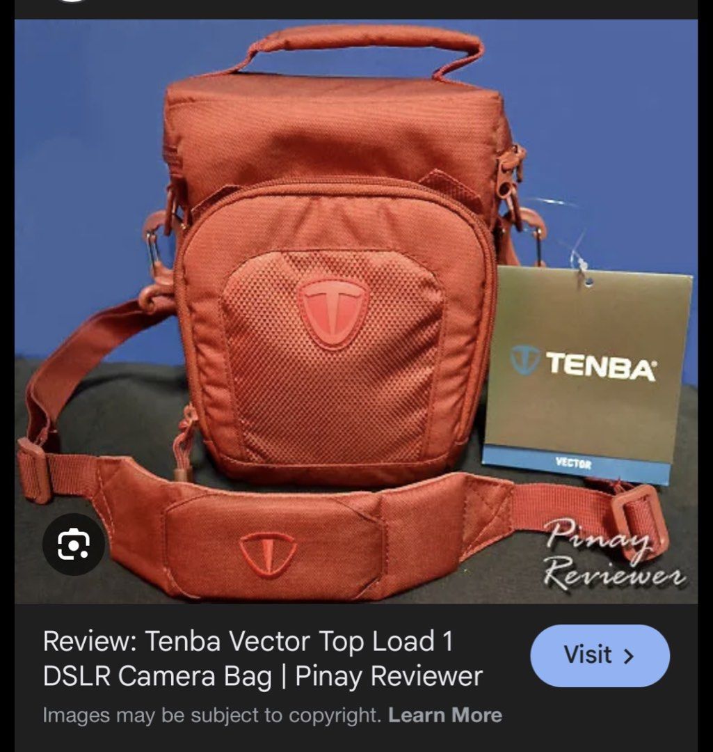 Tenba Vector Top Load 1 Camera Bag (Category: Camera Bags & Carriers) located in Paranaque City. Submitted by dalle_closet (Listing ID 1428003764, Image 2). Description: Holds DSLR with One Lens & Accessories 600 Denier Exterior / Weather-Resistant Ultra-Lightweight Zip-Around Top Cover Opens From User Airline Mesh Side Pockets Front Accessory Pocket for Small Items Belt Loop and Padded Shoulder Strap Includes Rain Cover Includes Microfiber Lens 
