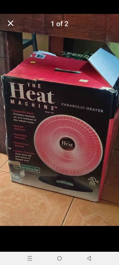 The Heat Machine Parabolic Heater (Category: Water Heater & Instant Showers) located in Manila. Submitted by rhoze76 (Listing ID 1427978560, Image 2). Description: parabolic heater 110v malaki ito.