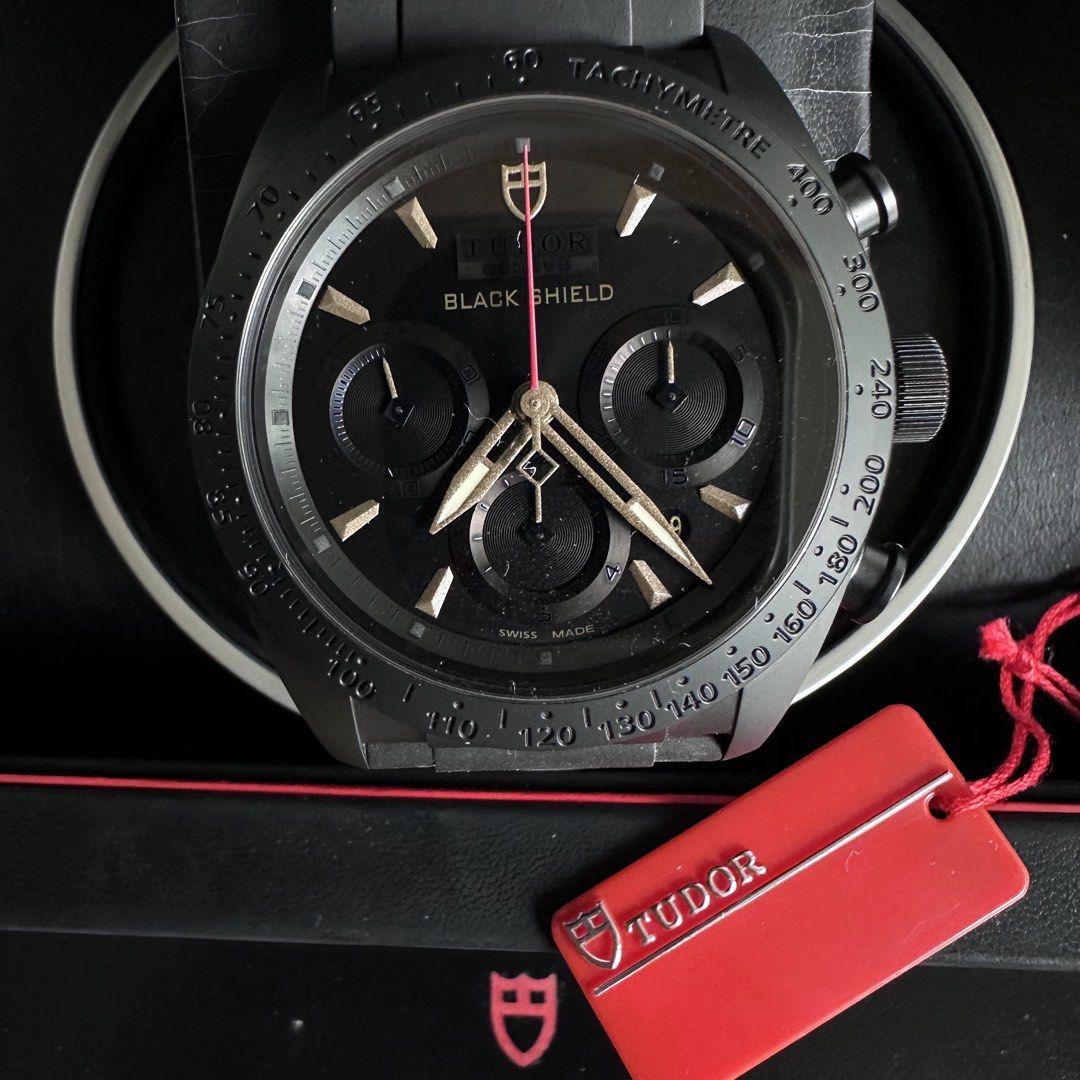 Tudor Fastrider Black Shield Chronograph Watch (Category: Watches) located in Singapore. Submitted by king_eric (Listing ID 1427976675, Image 3). Description: Tudor Fastrider Black Shield Chronograph Watch Model : 42000CN Calibre : Tudor 7753 (27 jewels, 28,800 beat/hour, power reserve ~46 hours) Matte black ceramic bezel (fixed) with engraved tachymetric scale 42mm black ceramic case with black PVD deployment clasp on black rubber strap Full box