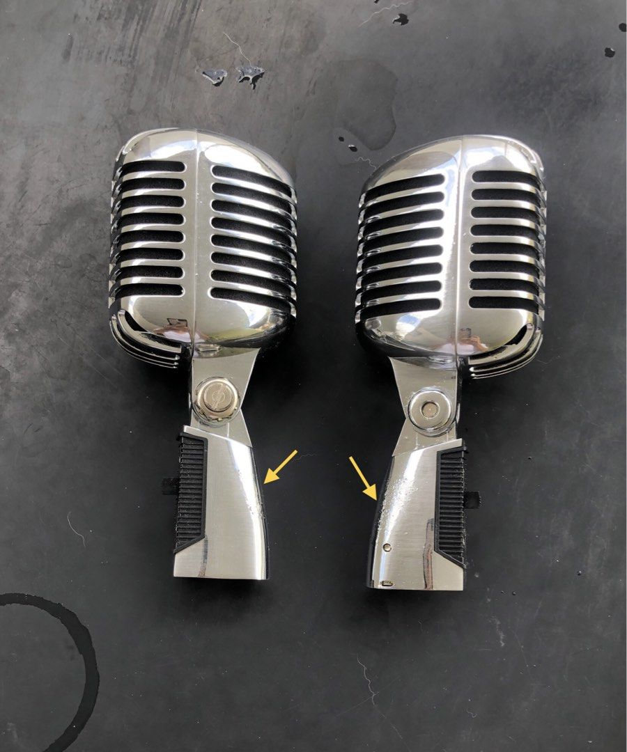 Vintage Chrome Microphone (Category: Microphones) located in Makati City. Submitted by sounddimension.475 (Listing ID 1428097317, Image 2). Description: New old stock Vintage chrome mic Some blemishes sign Not Working Can be use as props With hard plastic casing P250 ONLY PER PC..
