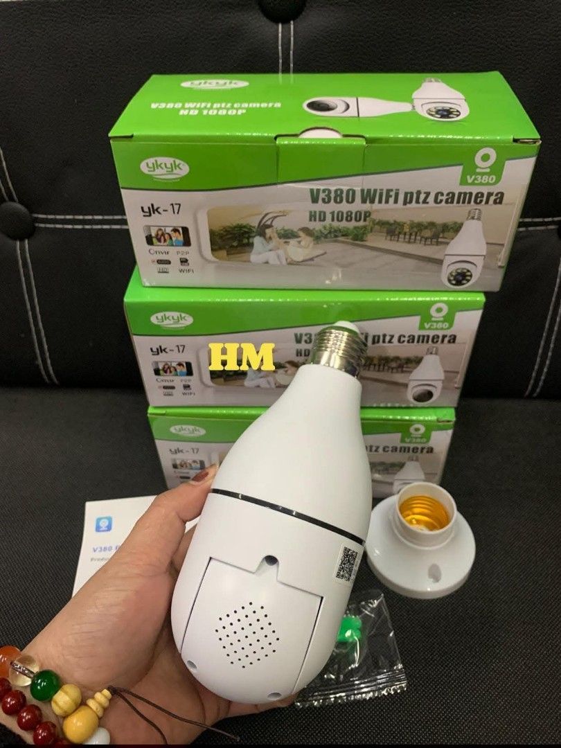 Ykyk V380 WiFi PTZ Camera HD 1080P (Category: Security Systems & CCTV Cameras) located in Manila. Submitted by jelai.cybyb (Listing ID 1428020521, Image 3). Description: Ykyk V380 WiFi PTZ camera offers HD 1080P resolution. It is designed as a light bulb, and comes with a light bulb socket and mounting hardware. The box indicates it is a YK-17 model..
