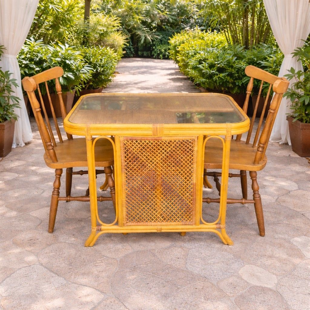 2nd hand Natural Rattan Table with 2 Windsor Chairs (Category: Tables & Sets) located in Paranaque City. Submitted by feybelhaft (Listing ID 1428206797, Image 1). Description: Set includes a rattan table with a glass top and two wooden chairs. The table dimensions are L90 W60 H66cm. The chairs are labeled as IKEDA. The table has a unique woven design on the front. The chairs have a classic spindle back design. The table is sold separately for 420