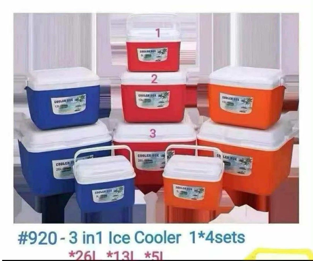 3-in-1 Ice Cooler Set (Category: Food Organization & Storage) located in Manila. Submitted by jelai.cybyb (Listing ID 1428209198, Image 1). Description: Listing is for a set of 3-in-1 ice coolers. The set includes three different sizes: 26L, 13L, and 5L. Each cooler has a white lid and a handle for easy carrying. The coolers come in blue, red, and orange colors. Perfect for keeping your drinks and food cold..