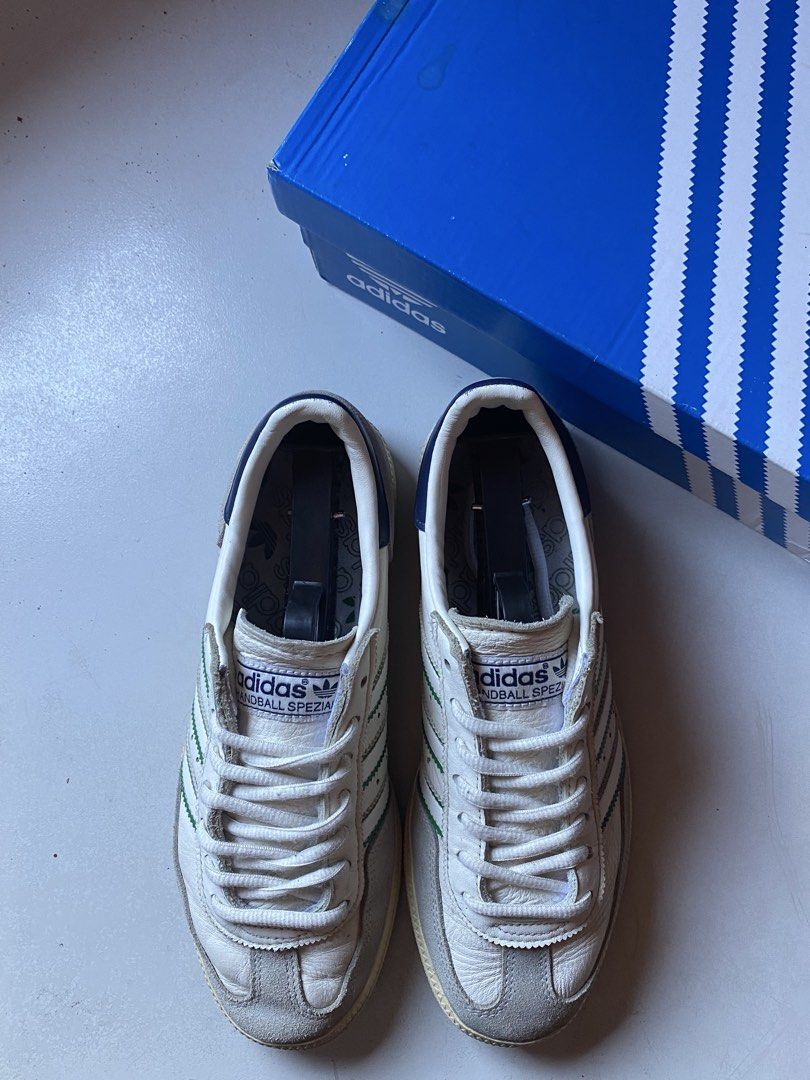 Adidas Handball Spezial Sneakers (Category: Sneakers) located in Calamba. Submitted by marc_nu (Listing ID 1428151413, Image 2). Description: Complete with box Adidas Handball Spezial sneakers. Features a white leather upper with green stripes and a grey suede toe cap. The heel tab is navy blue. Includes the original Adidas box. Size 7, made in Vietnam..