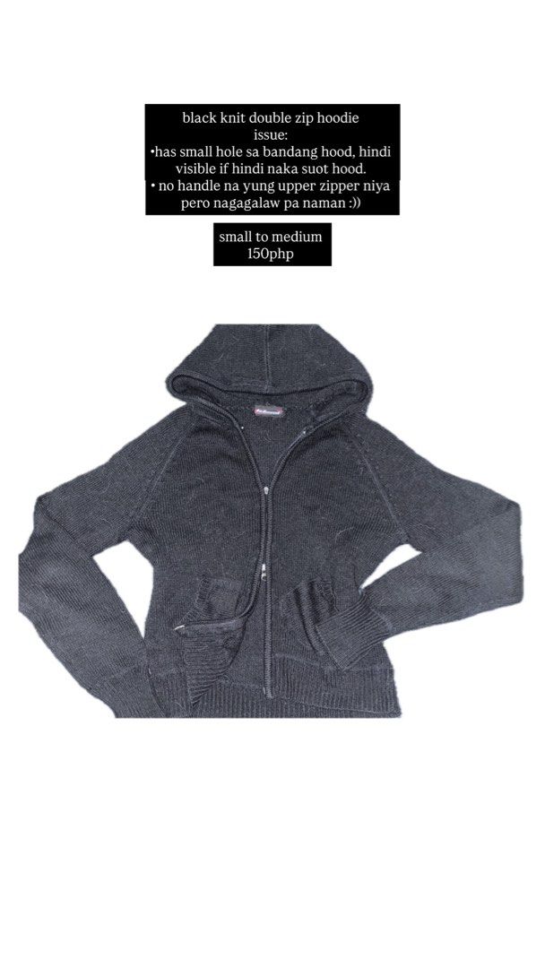 Black Knit Double Zip Hoodie (Category: Others Tops) located in Manila. Submitted by isha0629 (Listing ID 1428125191, Image 1). Description: Black knit double zip hoodie. The upper zipper has no handle, but it still functions. Size is small to medium. ps. i own a japanese spitz dog kaya may mga fur. will clean the item naman before shipping .