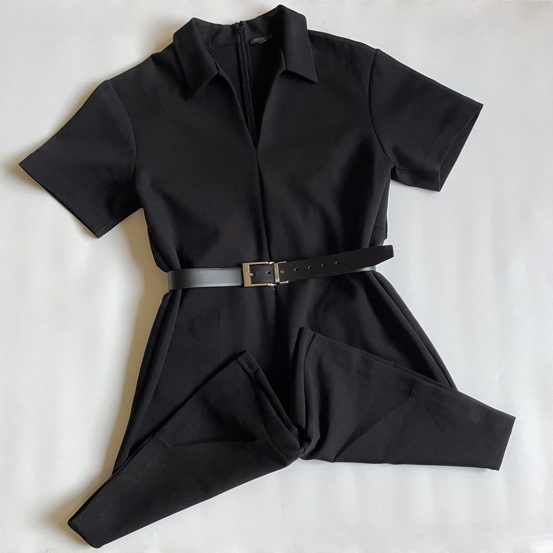 COS Black Jumpsuit with Belt (Category: Jumpsuits) located in Tanza. Submitted by deeclutterer (Listing ID 1428200063, Image 3). Description: COS Open collar jumpsuit (Missing wide black belt) Belt in the photo not included (You may use any wide belt) Sleek, elegant look My fave! Small on tag fits to Medium Good as new! ₱1,200.