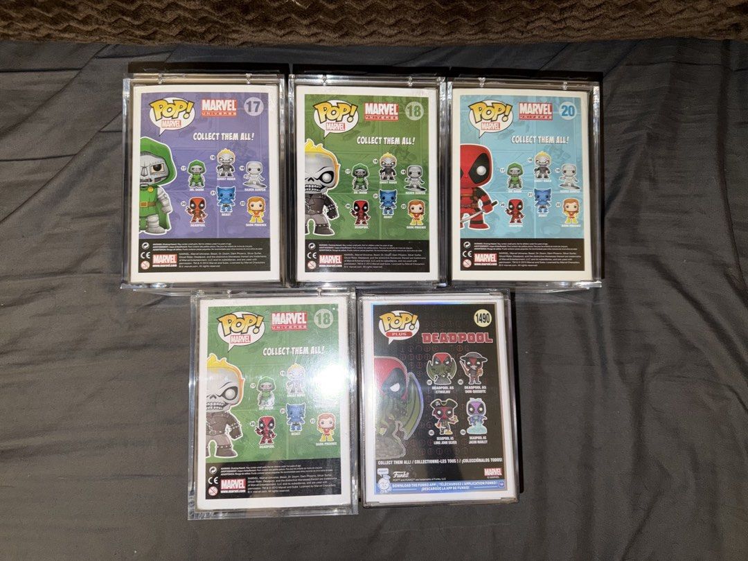 Funko Pop! Marvel Grails (Category: Designer & Blind Box Toys) located in Quezon City. Submitted by exceeph (Listing ID 1428186542, Image 3). Description: Price is negotiable if all items are taken Marvel Deadpool as Cthulhu Glow #1490 - 15,000 Marvel Deadpool Metallic SDCC 2013 #20 - 30,000 Marvel Ghost Rider Metallic SDCC 2013 #18 - 36,000 Marvel Ghost Rider Metallic SDCC 2013 #18 (No Sticker) - 20,000 Marvel Dr Doom Metallic Con Exclusive 2014