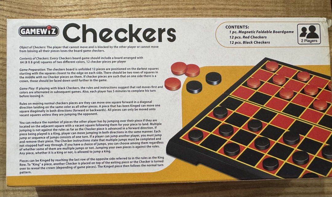 Gamewiz Checkers Magnetic Board Game (Category: Board Games & Puzzles) located in San Pedro. Submitted by pageturner19 (Listing ID 1428101084, Image 3). Description: - Gamewiz Checkers Board Game - Magnetic and Foldable - Great for family and friends - Includes: - Magnetic foldable board - 12 red checkers - 12 black checkers - For 2 players - Includes game instructions.