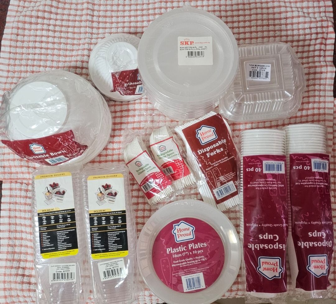 Home Proud Disposable Tableware Set - Plates, Bowls, Cups, Forks, dessert 220mil cup (Category: Dinnerware & Cutlery) located in Singapore. Submitted by wkwk12345 (Listing ID 1428136151, Image 1). Description: Brand new Home Proud disposable tableware set. Includes plastic plates, bowls, cups, and forks. Perfect for parties, picnics, or any event where convenience is key. All items are unused and in their original packaging. Great value for a com
