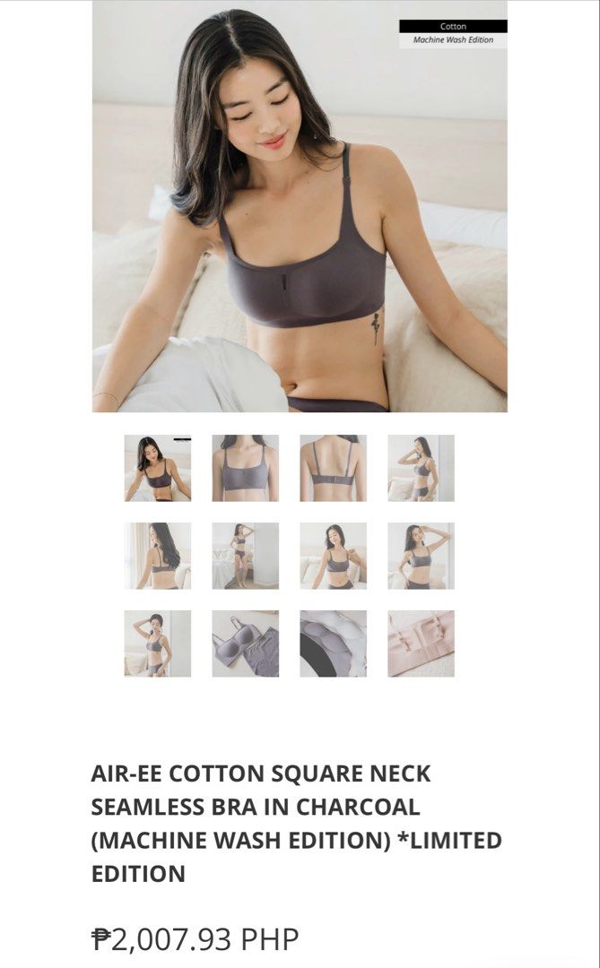 I'm In Seamless Bra - Machine Wash Edition (Category: Undergarments & Loungewear) located in Quezon City. Submitted by pre.by.a (Listing ID 1428107091, Image 2). Description: BRAND NEW! 1. AIR-EE COTTON SQUARE NECK SEAMLESS BRA IN CHARCOAL 2. AIR-EE COTTON SEAMLESS BRA IN ALMOND NUDE Size: M Wrong size but super nice! Best fits 34 bust. Bought for P1,900 each; get both for P3k.