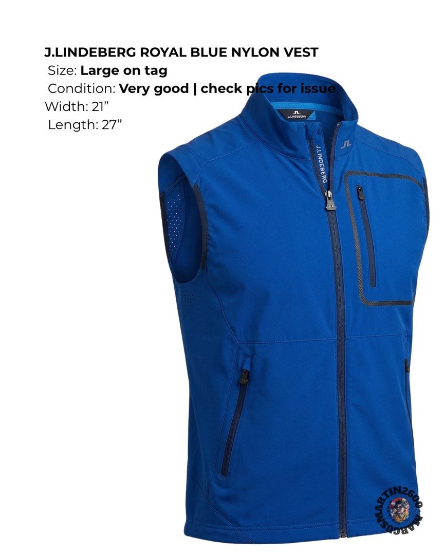 j.lindeberg ROYAL BLUE NYLON VEST (Category: Vests) located in Baguio. Submitted by marcusmartin2600 (Listing ID 1428140341, Image 2). Description: Size: Large on tag Condition: Very good | check pics for issue 📏 Measurement via Tape Measure (in inches): Width: 21” Length: 27” ————————— Also available at our Physical Shop: 📍BOOKENDS, CLAUDIO ST. (NEAR JOLLIBEE HARRISON AND BAGUIO NIGHT MARKET).