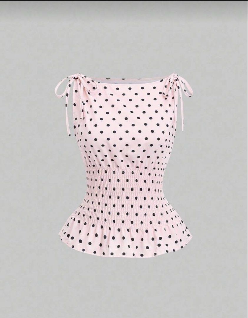 Pink Polka Strap Top (Category: Sleeveless) located in Valenzuela. Submitted by declutterbychi (Listing ID 1428239031, Image 1). Description: — xs to s — never been used — dm for more pics — no lp bought it for 280 rfs: too many clothes .
