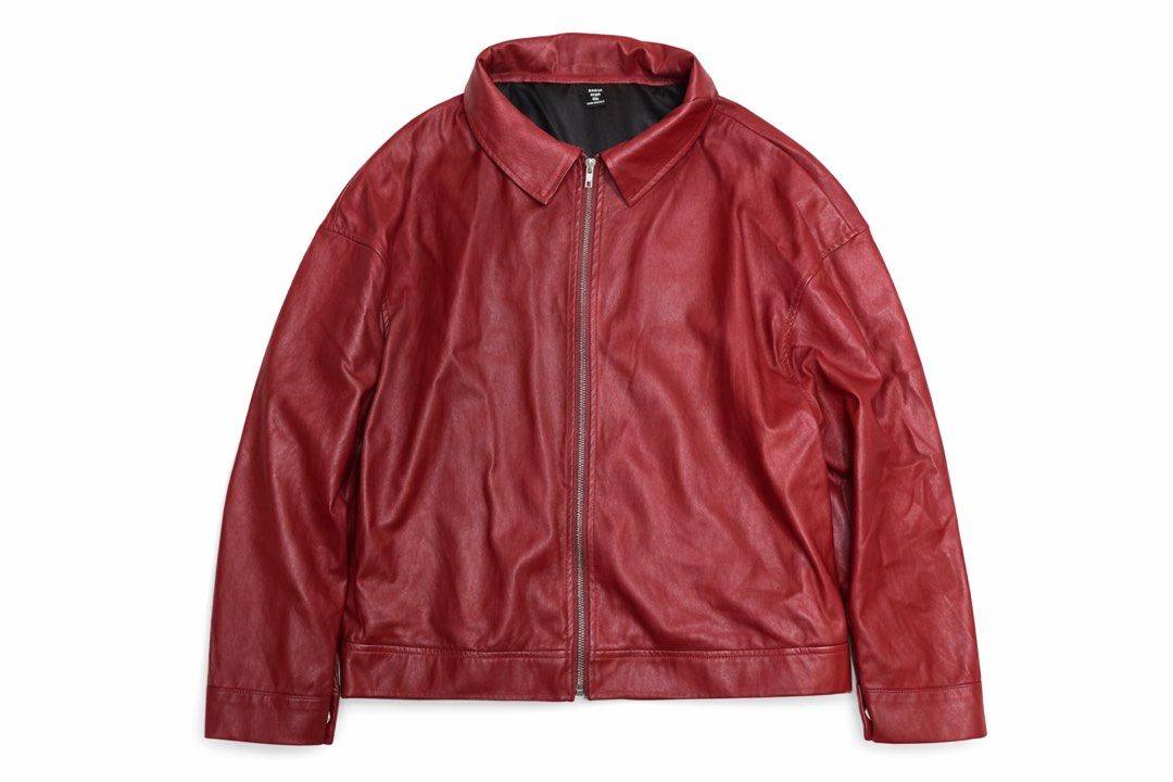 Red Leather Jacket (Category: Coats, Jackets and Outerwear) located in Manila. Submitted by rotation2000 (Listing ID 1428223919, Image 1). Description: Red leather jacket features a collared neckline and a full-length zipper. It has long sleeves with buttoned cuffs. The jacket has a relaxed fit..