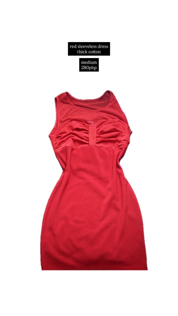 Red Sleeveless Dress - Medium (Category: Dresses) located in Manila. Submitted by isha0629 (Listing ID 1428126161, Image 1). Description: Red sleeveless dress made of thick cotton. It features a gathered detail on the bust and a fitted silhouette. The dress is a medium size. Perfect for a casual day out or a night on the town. The dress is a vibrant red color..