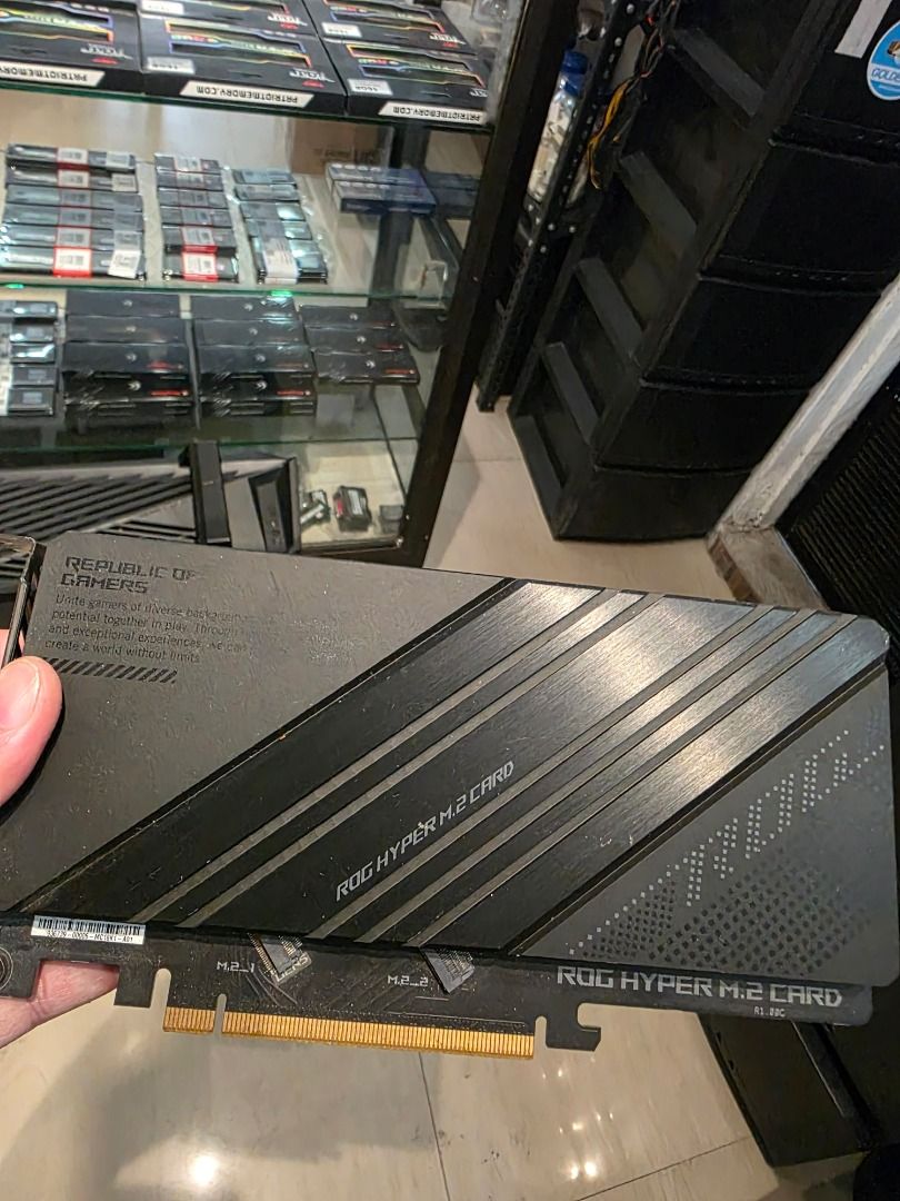 ROG Hyper M.2 Card (Category: Computer Parts) located in Baliuag. Submitted by collantesaldrich (Listing ID 1428143207, Image 1). Description: The ROG Hyper M.2 card is basically a PCIe expansion card for SSDs. 👉 You plug it into your motherboard’s PCIe slot (like a GPU slot) 👉 Then you can install extra M.2 NVMe SSDs on it selling for 2k baliuag bulacan.