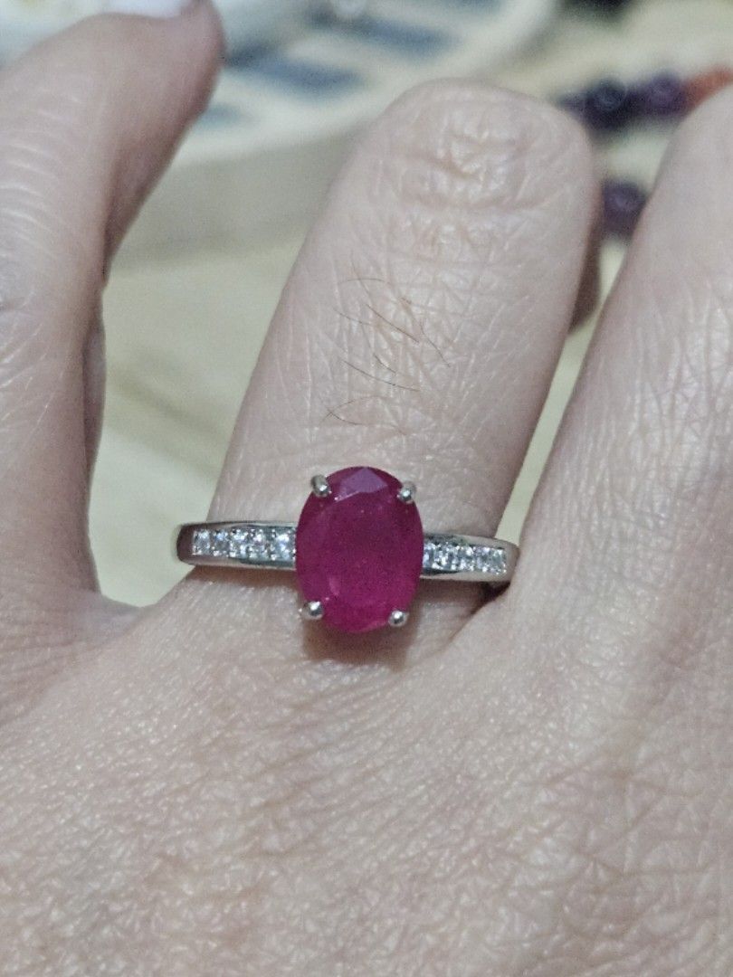 Ruby Ring with Zirconian Stone Accents (Category: Rings) located in Cainta. Submitted by Kahi0410 (Listing ID 1428187686, Image 1). Description: Natural Stone Elegant style with zirconian side stone Half silver Platinum plated Non fade Adjustable ring Hypoallergenic Safe for acidic, sensitive skin.