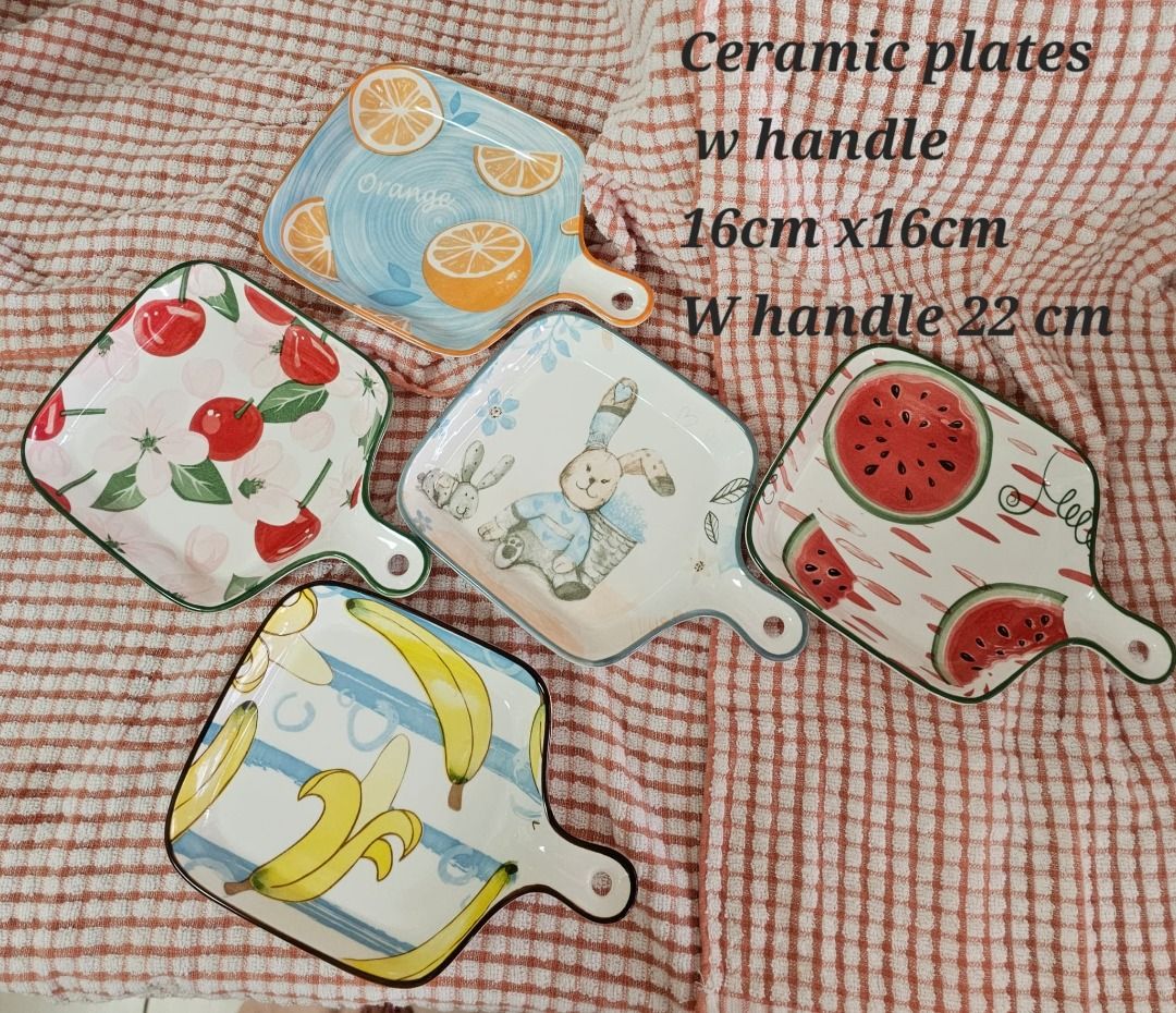 set of 5 Ceramic Plates with Handle - Various Designs