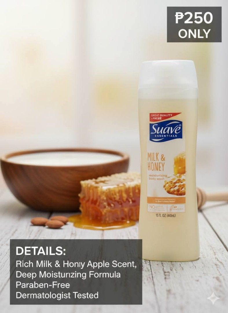 Suave Essentials Milk & Honey Body Wash (Category: Bath) located in Cavite. Submitted by jjcollectiveshop (Listing ID 1428120509, Image 1). Description: MAY PRESYO NA SA PICTURES SHIPPING PLUS ITEMS LIMITED STOCKS ONLY LOW LOW PRICE FROM CANADA..