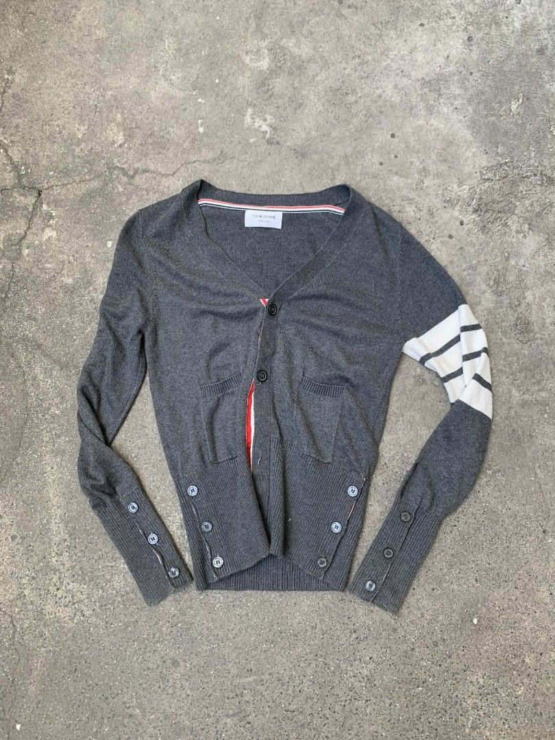 Thom Browne Grey Cardigan (Category: Luxury Apparel) located in Manila. Submitted by angelothrift (Listing ID 1428134057, Image 1). Description: 16.5 by 25.