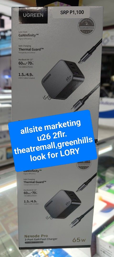 UGREEN NEXODE PRO 65W FAST CHARGER (Category: Chargers & Cables) located in San Juan City. Submitted by genonlore (Listing ID 1428134066, Image 1). Description: - UGREEN Nexode Pro 65W Fast Charger - Fast charging capabilities - STORE LOCATION: Allsite Marketing U26 2flr. Theatre Mall, Greenhills - Contact Lory for inquiries FB PAGE: Allsite Marketing 2.