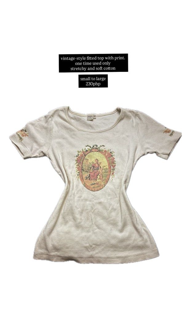 Vintage Fitted Top with Print (Category: Shirts) located in Manila. Submitted by isha0629 (Listing ID 1428126406, Image 1). Description: Vintage-style fitted top features a unique print. It is made of stretchy and soft cotton. The top is suitable for small to large sizes. It has been used only once..