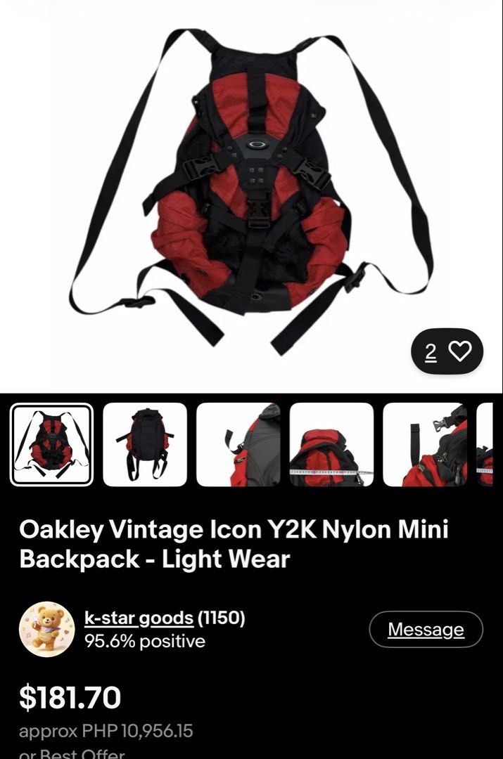 Vintage Oakley Icon Mini Backpack Red (Category: Backpacks) located in General Santos City (Dadiangas). Submitted by toysville888 (Listing ID 1428221256, Image 2). Description: ORIGINAL OAKLEY.. NO FLAWS - Vintage Oakley Icon Mini Backpack - Features classic Oakley branding - Condition rated at 7 - Ideal for daily use - Durable straps and construction.