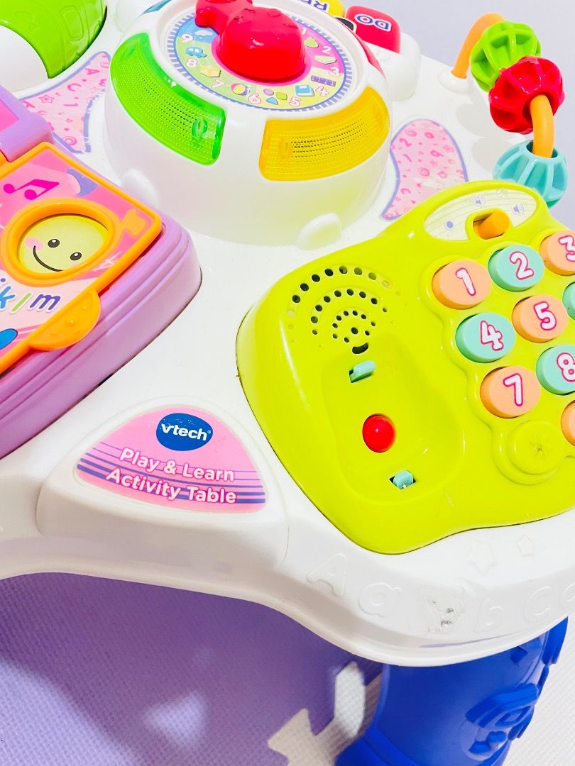 Vtech Play & Learn Activity Table (Category: Infant Playtime) located in Pasig City. Submitted by pleastellastory (Listing ID 1428167908, Image 2). Description: • Madaming Nursery/Learning Songs • Working all buttons (Sound & Light) • changeable batteries • Missing lang ang phone but still playable • minimal signs of usage 📍Pasig City.