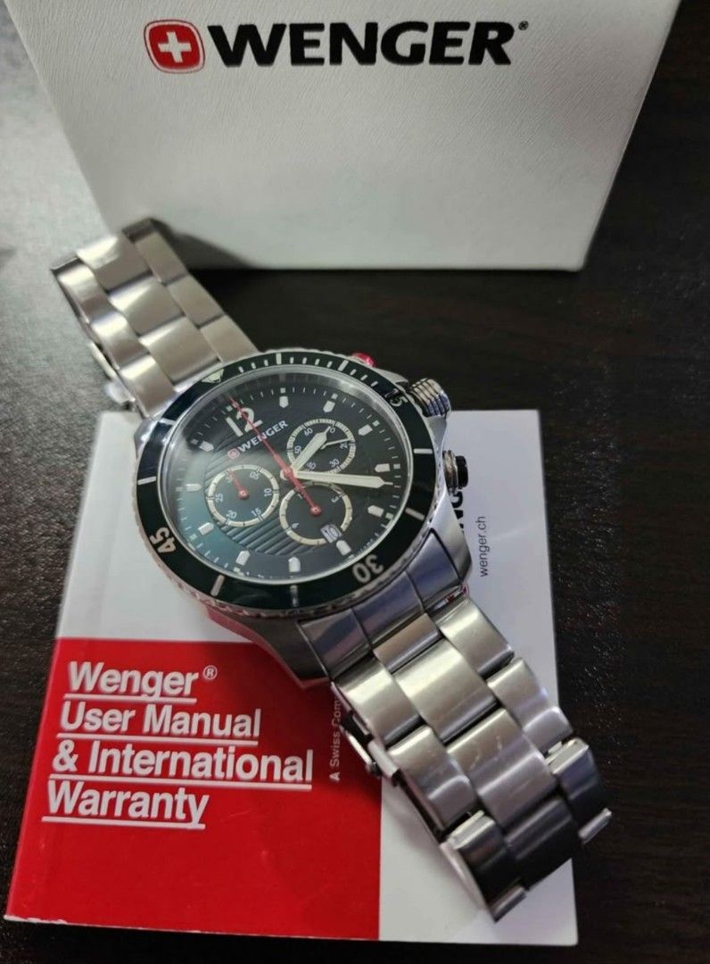 Wenger Stainless Steel Chronograph Watch (Category: Men's Watches) located in Manila. Submitted by missarvic (Listing ID 1428149141, Image 2). Description: Wenger SeaForce Chrono watch is a Swiss-made timepiece featuring a stainless steel bracelet and a black dial. .