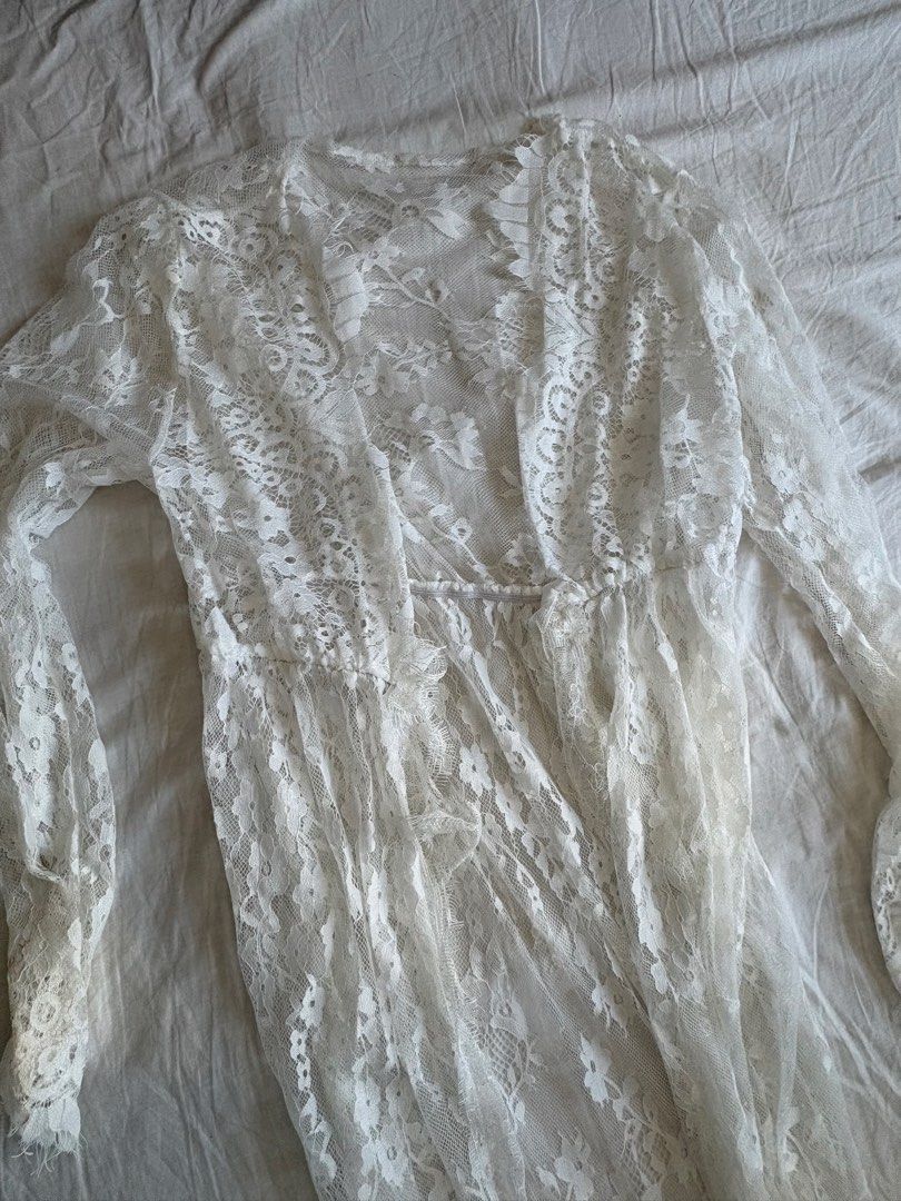White Lace Maxi Dress (Category: Dresses) located in Cebu City. Submitted by declutterwithmecebu (Listing ID 1428240161, Image 2). Description: perfect for bridal or maternity shoot 🤍 Elegant white lace maxi dress. Features long sleeves and a flowing silhouette. Perfect for layering or as a cover-up. The dress has a delicate floral lace pattern throughout..