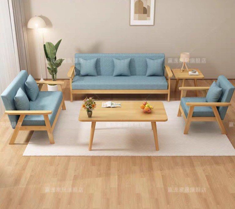Wooden Frame Sofa Set with Blue Cushions (Category: Sofas) located in Paranaque City. Submitted by joycexu00 (Listing ID 1428195001, Image 3). Description: Nordic Style Sofa Set Like new. Inclusions: 3 seater sofa 2 seater sofa 1 seater sofa chair 1 coffee table 1 center table .