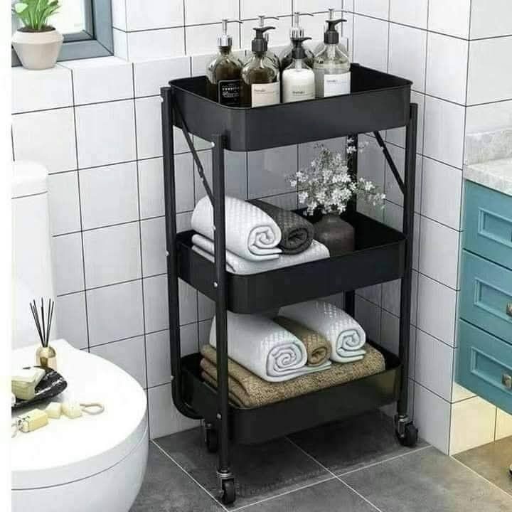 3-Tier Folding Storage Cart (Category: Storage Boxes & Baskets) located in Manila. Submitted by jelai.cybyb (Listing ID 1428357396, Image 3). Description: 3-tier storage cart is perfect for organizing your space. It features a foldable design for easy storage and mobility with wheels. Made of carbon steel with an environmentally friendly baking paint. It has 3 levels and is available in black. It is suitable for use in the kitchen, bathroom, or l