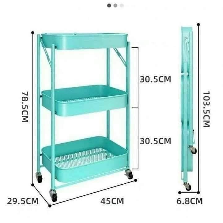 3-Tier Folding Storage Cart (Category: Storage Boxes & Baskets) located in Manila. Submitted by haideshop (Listing ID 1428357481, Image 1). Description: 3-tier storage cart is perfect for organizing various items. It features a foldable design for easy storage and mobility with wheels. The cart is made of carbon steel and has a baking paint finish. It has three levels for storage and is suitable for use in kitchens, bathrooms, or living areas. Di