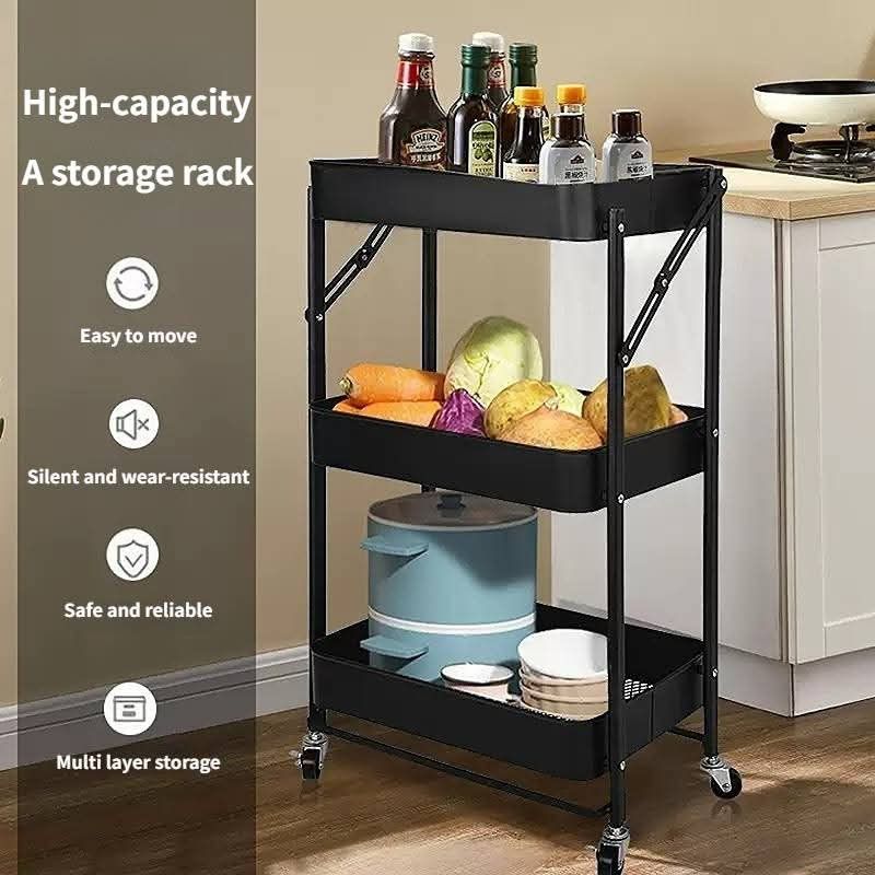 3-Tier Folding Storage Cart (Category: Storage Boxes & Baskets) located in Manila. Submitted by haideshop (Listing ID 1428357481, Image 3). Description: 3-tier storage cart is perfect for organizing various items. It features a foldable design for easy storage and mobility with wheels. The cart is made of carbon steel and has a baking paint finish. It has three levels for storage and is suitable for use in kitchens, bathrooms, or living areas. Di