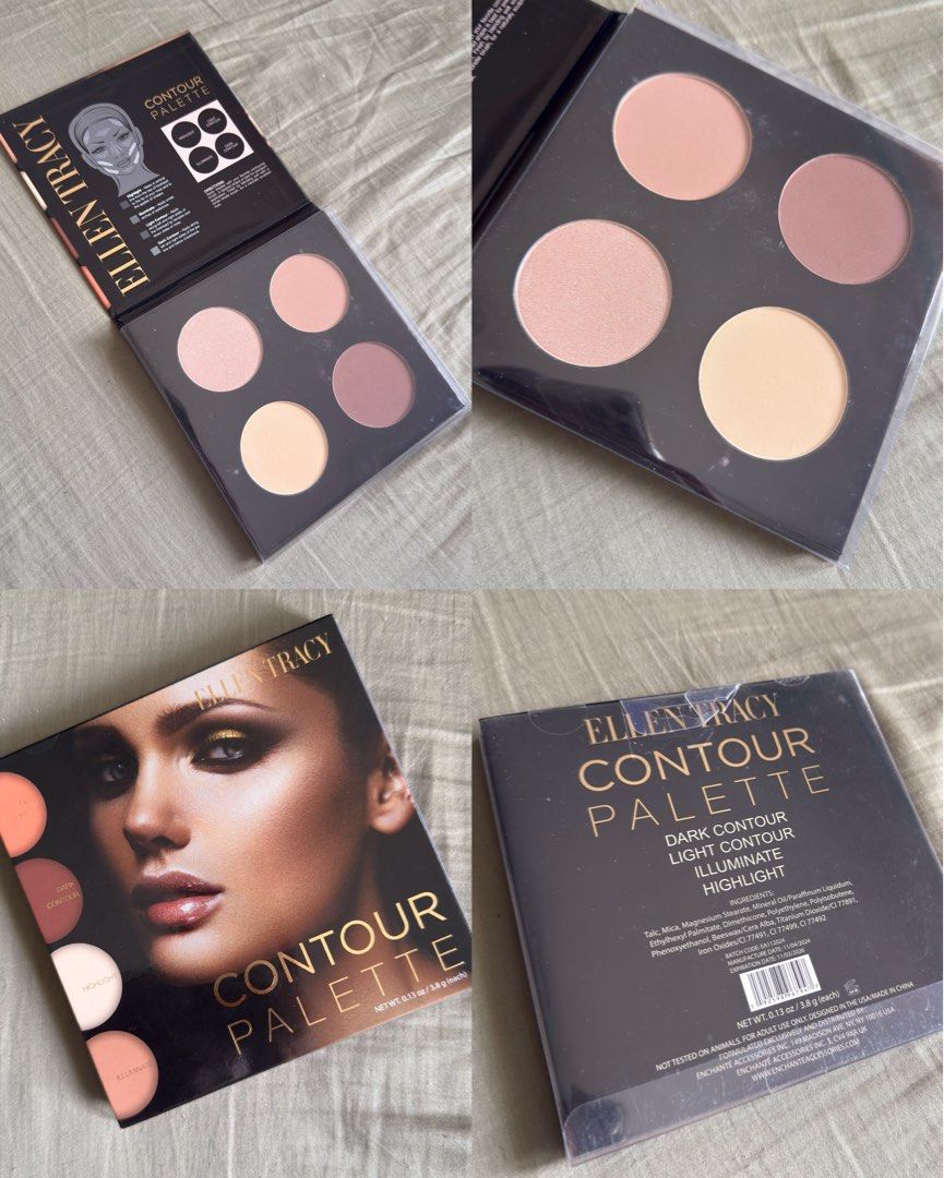 Ellen Tracy Contour Palette (Category: Makeup) located in Paranaque City. Submitted by _mrs.j (Listing ID 1428338792, Image 2). Description: Ellen Tracy Contour Palette includes dark contour, light contour, illuminate, and highlight shades. The palette is new and sealed. The back of the box lists ingredients and other details. The net weight is 0.13 oz / 3.8 g (each)..