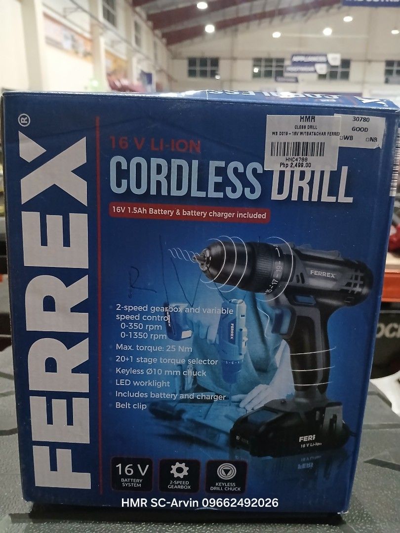 Ferrex 16V Li-Ion Cordless Drill (Category: Construction Tools & Equipment) located in Manila. Submitted by sc_arvin (Listing ID 1428299503, Image 1). Description: Ferrex 16V Li-Ion Cordless Drill. Features 2-speed gear and variable speed control (0-350 rpm, 0-1350 rpm). Includes a 20+1 stage torque selector, keyless 010 mm chuck, LED worklight, battery, and charger. Comes with a belt clip. Max torque is 25 Nm..